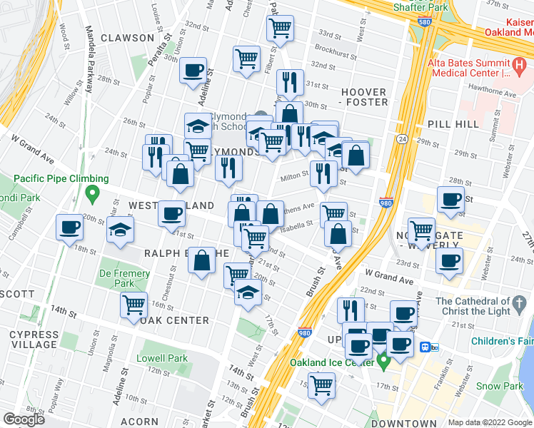 map of restaurants, bars, coffee shops, grocery stores, and more near 2300A Market Street in Oakland