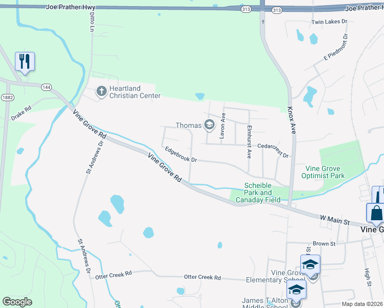 map of restaurants, bars, coffee shops, grocery stores, and more near 834 Edgebrook Drive in Vine Grove