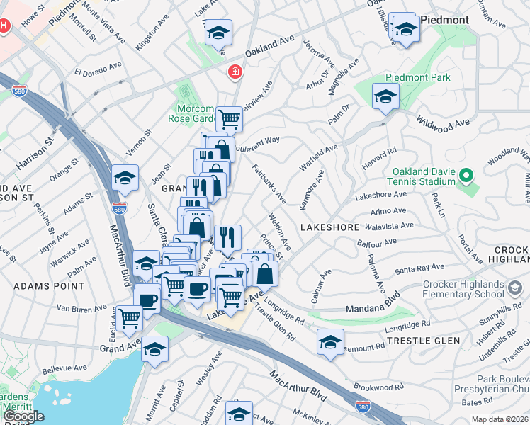 map of restaurants, bars, coffee shops, grocery stores, and more near 941 Warfield Avenue in Oakland