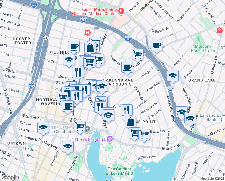 map of restaurants, bars, coffee shops, grocery stores, and more near 2719 Harrison Street in Oakland