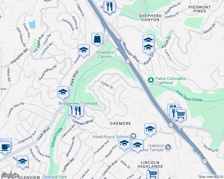 map of restaurants, bars, coffee shops, grocery stores, and more near 1817 Rosecrest Drive in Oakland