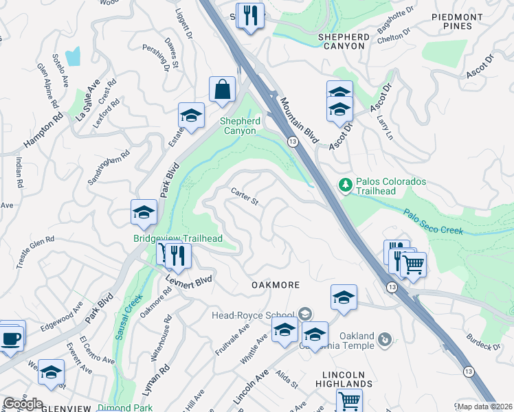 map of restaurants, bars, coffee shops, grocery stores, and more near 1817 Rosecrest Drive in Oakland