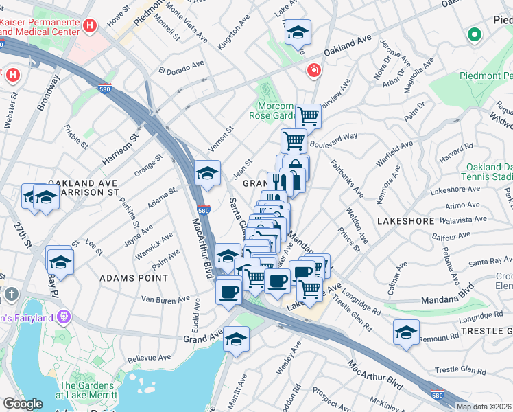 map of restaurants, bars, coffee shops, grocery stores, and more near in Oakland
