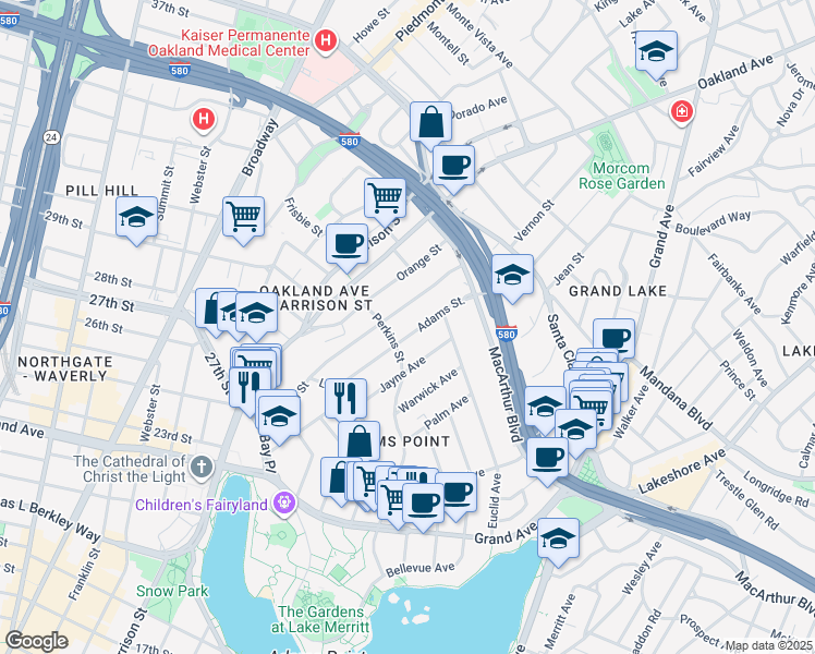 map of restaurants, bars, coffee shops, grocery stores, and more near 380 Adams Street in Oakland
