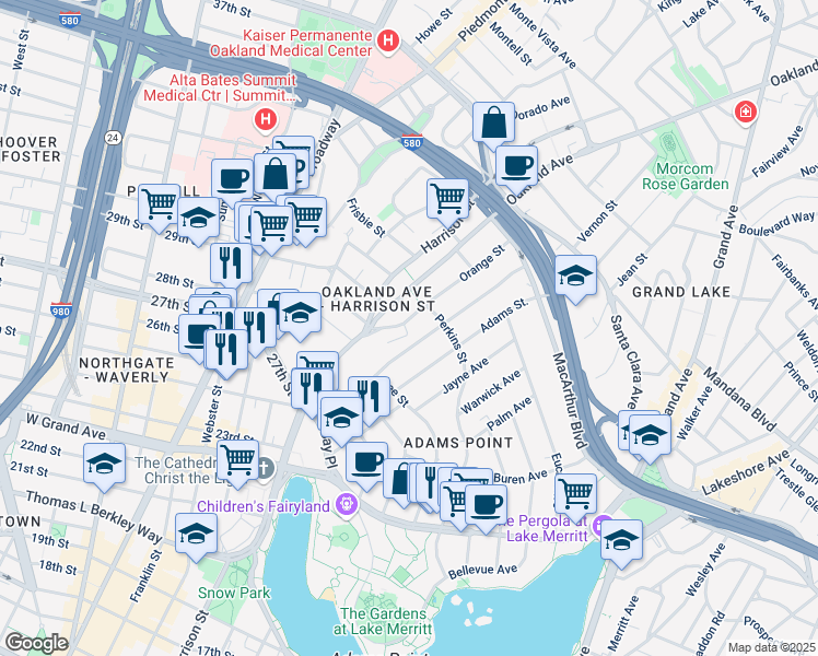 map of restaurants, bars, coffee shops, grocery stores, and more near 216 Orange Street in Oakland