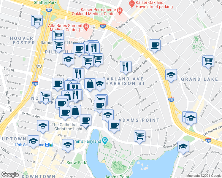 map of restaurants, bars, coffee shops, grocery stores, and more near 2726 Harrison Street in Oakland