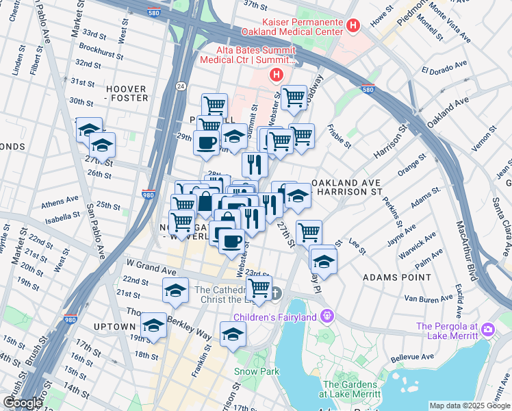 map of restaurants, bars, coffee shops, grocery stores, and more near 2619 Broadway in Oakland