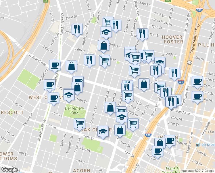 map of restaurants, bars, coffee shops, grocery stores, and more near in Oakland