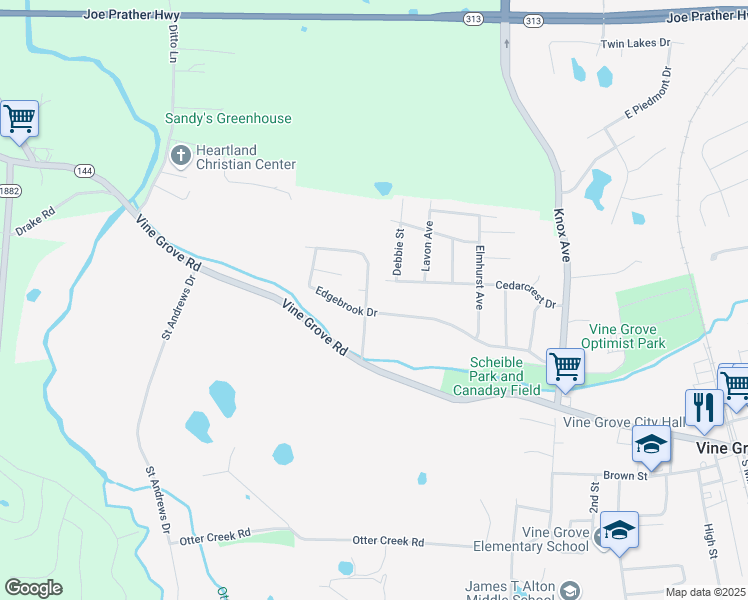 map of restaurants, bars, coffee shops, grocery stores, and more near 834 Edgebrook Drive in Vine Grove