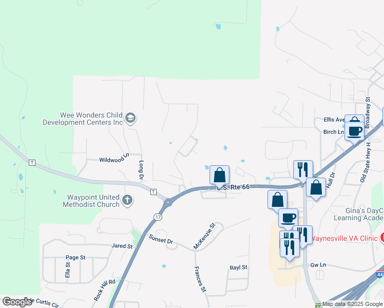 map of restaurants, bars, coffee shops, grocery stores, and more near 210 Fritts Circle in Waynesville