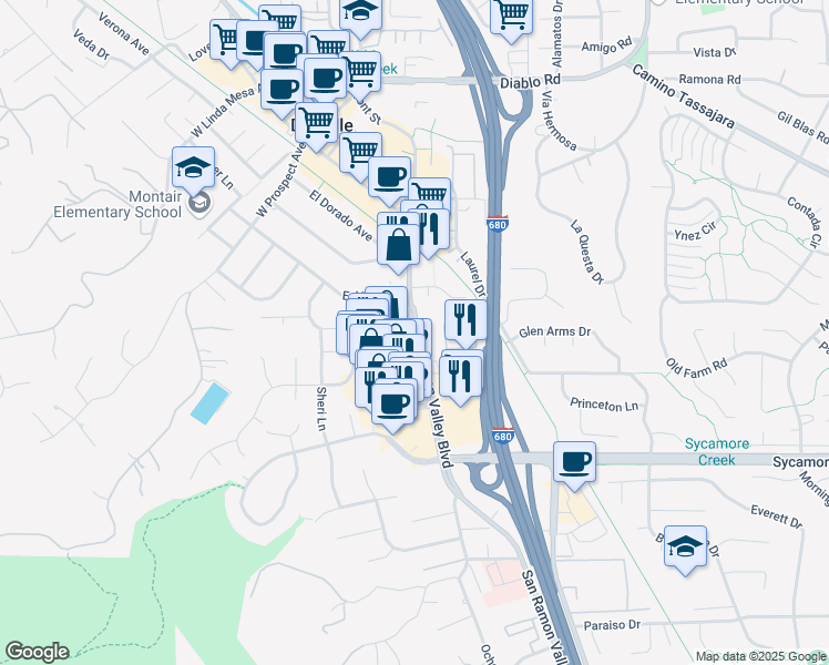 map of restaurants, bars, coffee shops, grocery stores, and more near 591 San Ramon Valley Boulevard in Danville