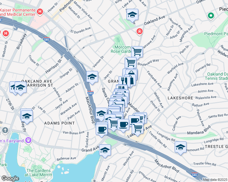 map of restaurants, bars, coffee shops, grocery stores, and more near in Oakland