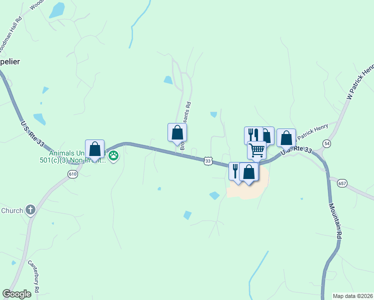 map of restaurants, bars, coffee shops, grocery stores, and more near 15078 Brown Pleasants Road in Montpelier