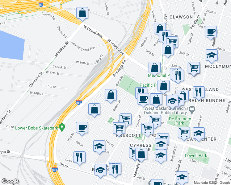 map of restaurants, bars, coffee shops, grocery stores, and more near 9 17th Street in Oakland