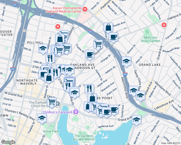 map of restaurants, bars, coffee shops, grocery stores, and more near 226 Orange Street in Oakland