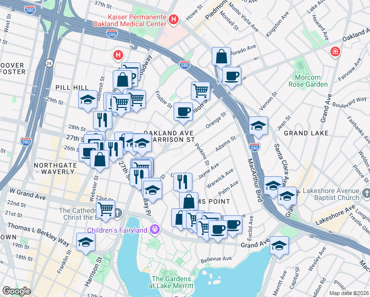 map of restaurants, bars, coffee shops, grocery stores, and more near 216 Orange Street in Oakland