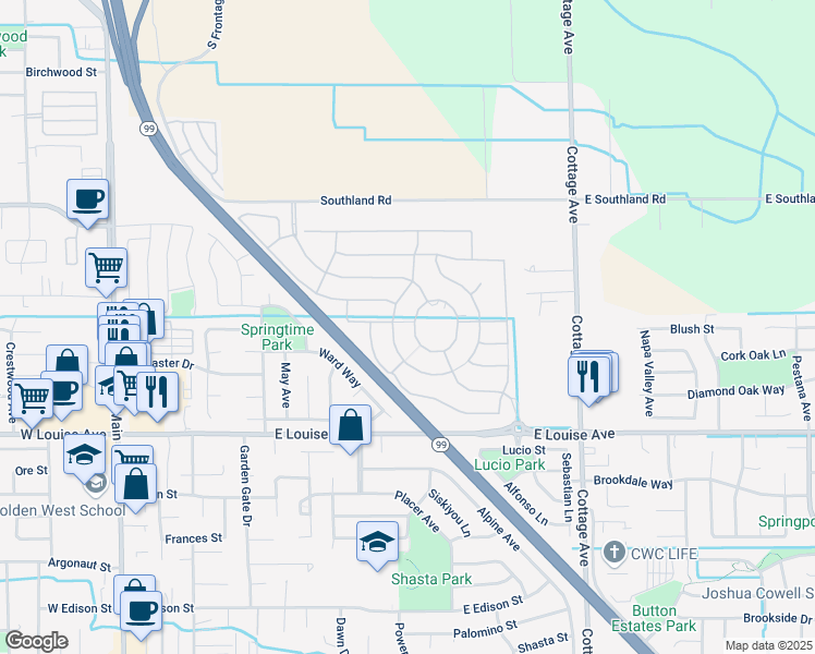 map of restaurants, bars, coffee shops, grocery stores, and more near 1316 Parkcrest Circle in Manteca