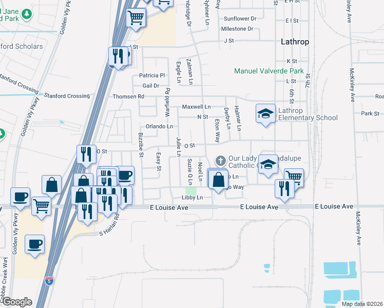 map of restaurants, bars, coffee shops, grocery stores, and more near 587 Somoa Lane in Lathrop