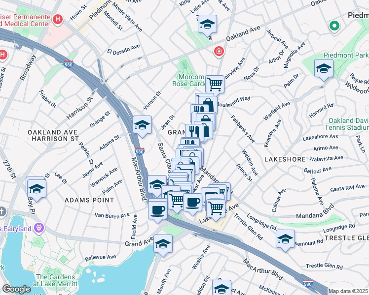 map of restaurants, bars, coffee shops, grocery stores, and more near 531 Valle Vista Avenue in Oakland