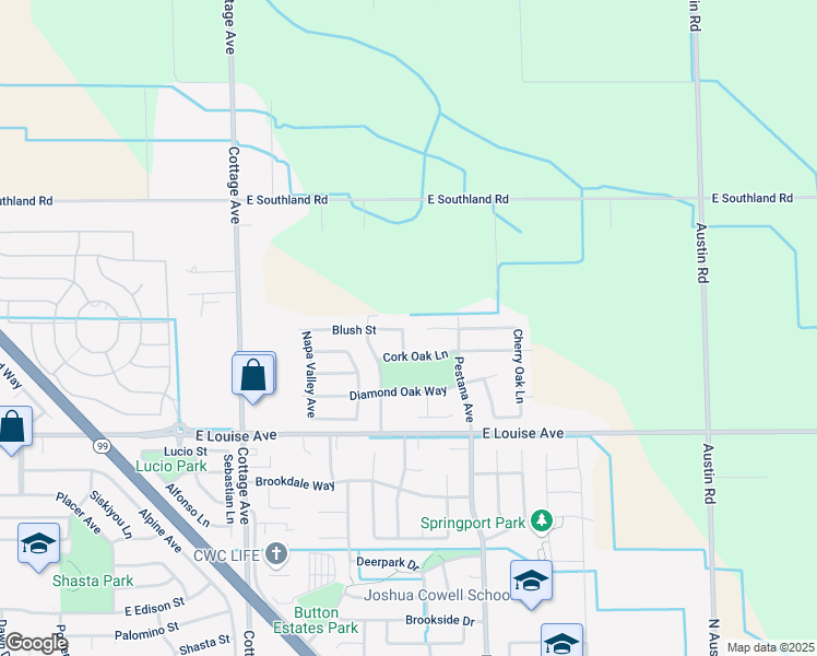 map of restaurants, bars, coffee shops, grocery stores, and more near 1256 Venice Way in Manteca