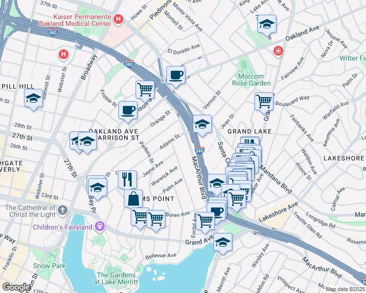 map of restaurants, bars, coffee shops, grocery stores, and more near 259 MacArthur Boulevard in Oakland