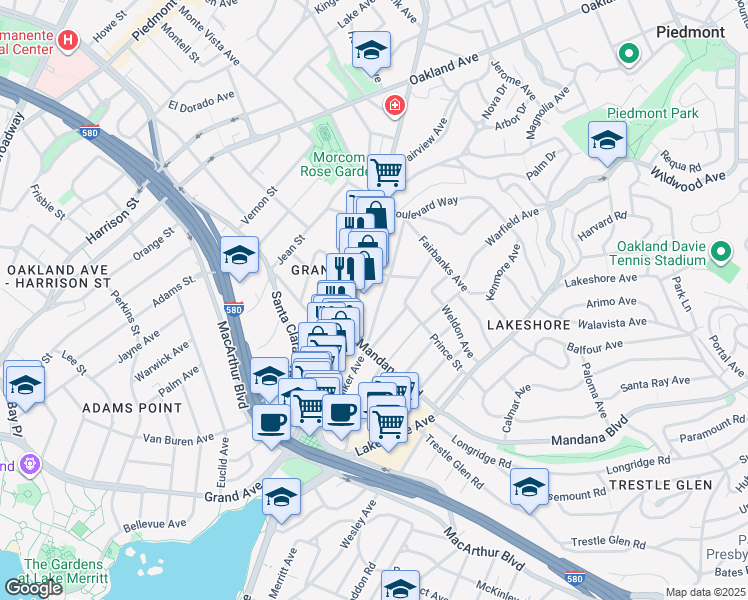 map of restaurants, bars, coffee shops, grocery stores, and more near in Oakland
