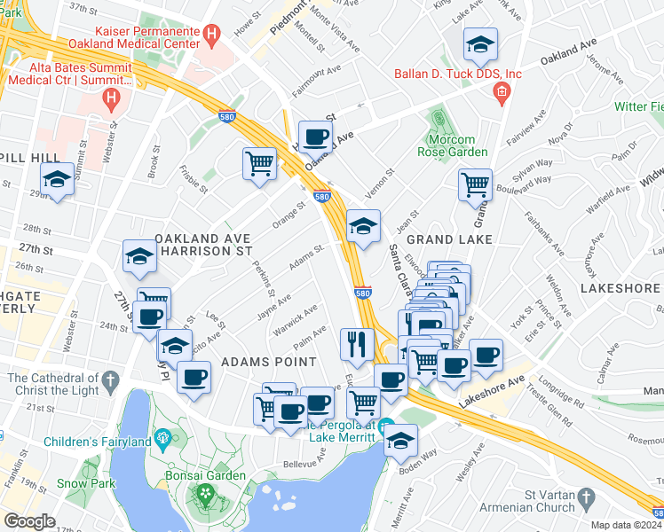 map of restaurants, bars, coffee shops, grocery stores, and more near 272 Euclid Avenue in Oakland