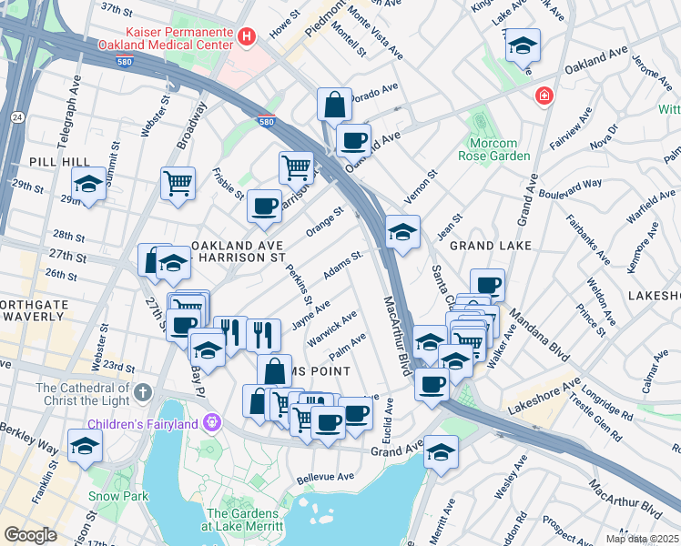 map of restaurants, bars, coffee shops, grocery stores, and more near 380 Adams Street in Oakland