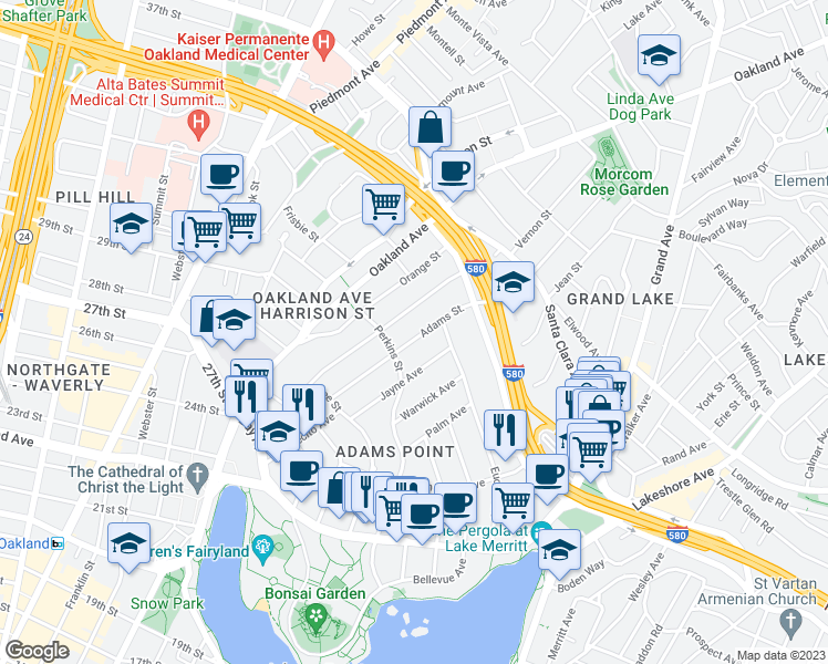 map of restaurants, bars, coffee shops, grocery stores, and more near 380 Adams Street in Oakland