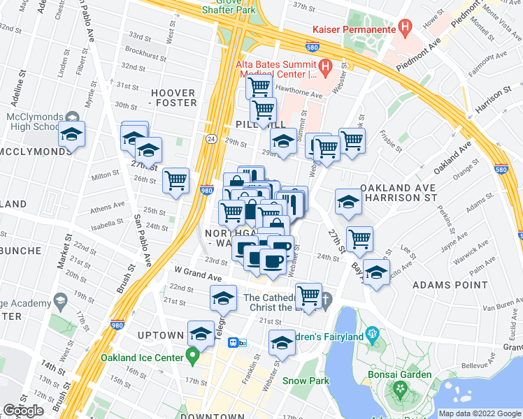 map of restaurants, bars, coffee shops, grocery stores, and more near 411 26th Street in Oakland
