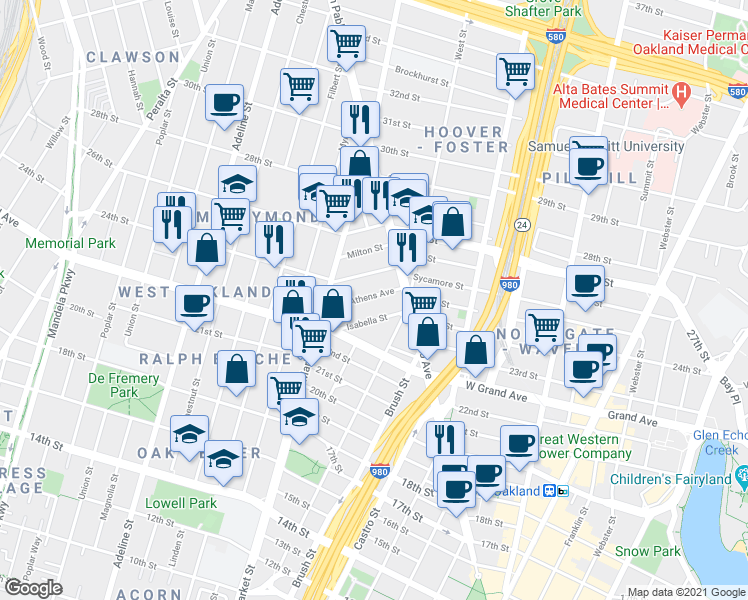 map of restaurants, bars, coffee shops, grocery stores, and more near 863 Athens Avenue in Oakland