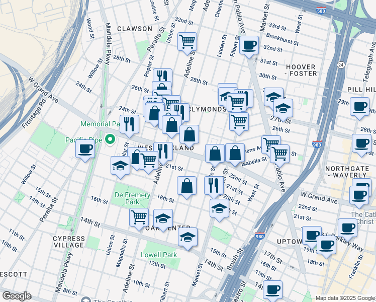 map of restaurants, bars, coffee shops, grocery stores, and more near in Oakland