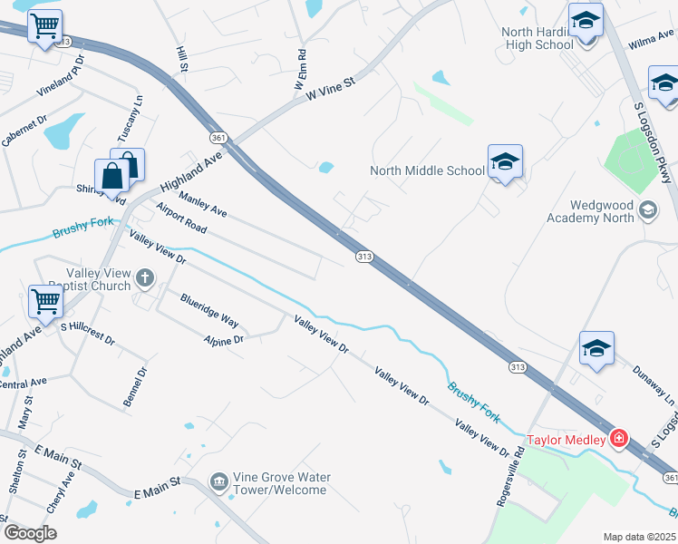 map of restaurants, bars, coffee shops, grocery stores, and more near 171 Manley Avenue in Vine Grove