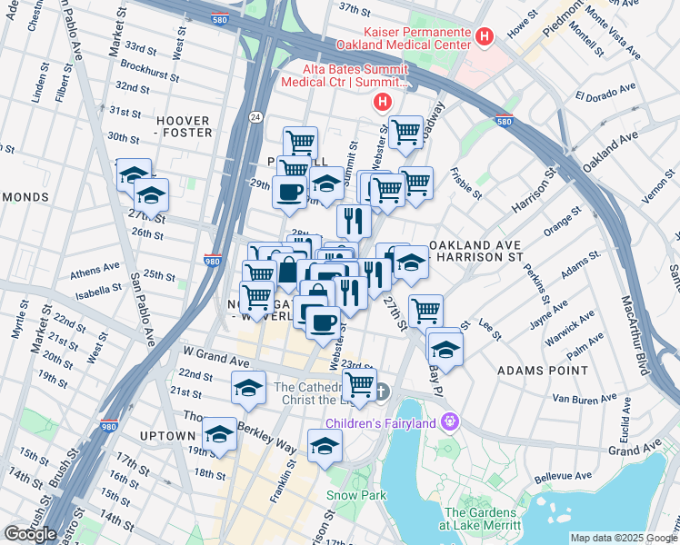 map of restaurants, bars, coffee shops, grocery stores, and more near 2619 Broadway in Oakland