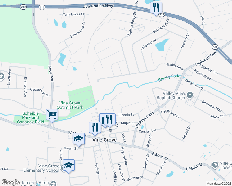 map of restaurants, bars, coffee shops, grocery stores, and more near 400 Peck Street in Vine Grove