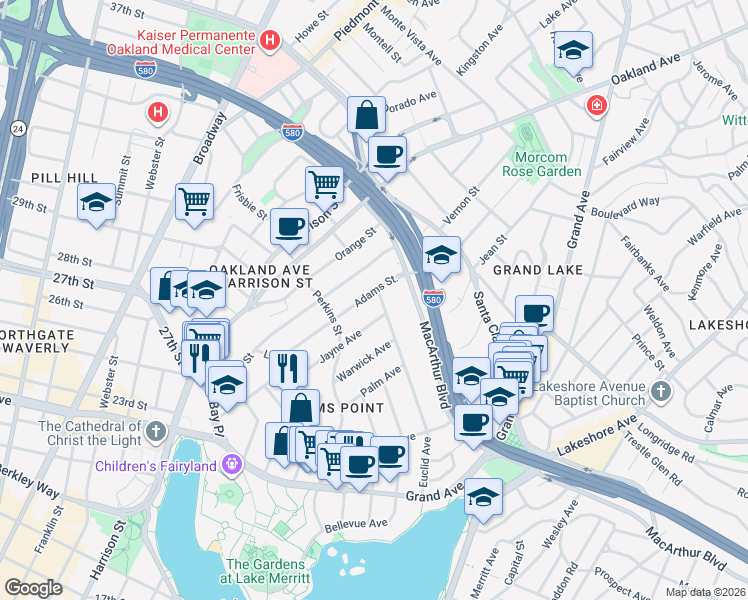 map of restaurants, bars, coffee shops, grocery stores, and more near 398 Adams Street in Oakland