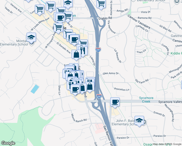 map of restaurants, bars, coffee shops, grocery stores, and more near 242 Ashley Circle in Danville