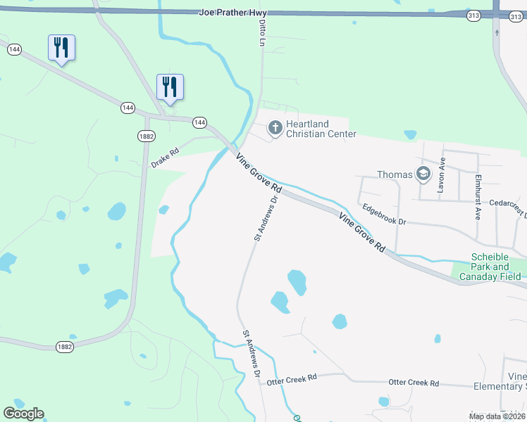 map of restaurants, bars, coffee shops, grocery stores, and more near 508 Saint Andrews Drive in Vine Grove