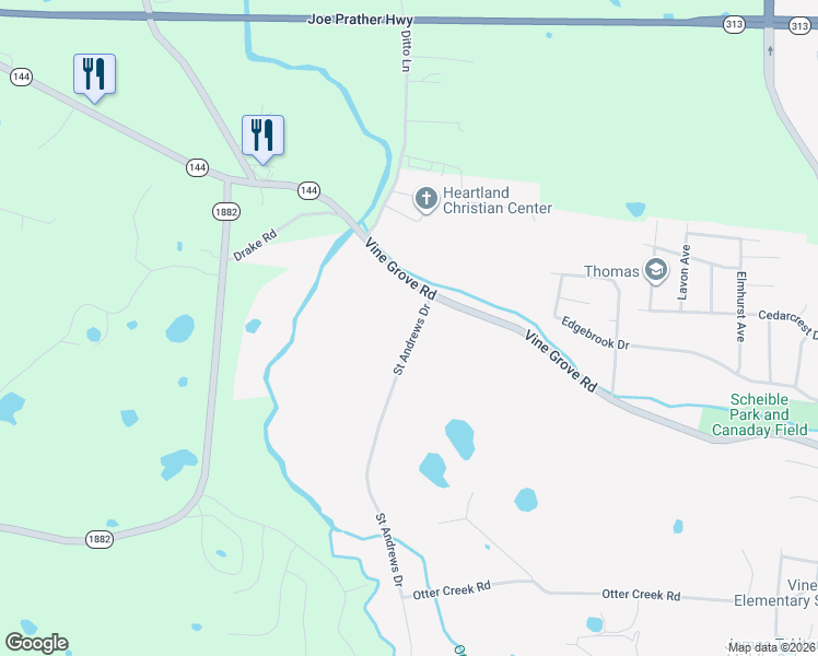 map of restaurants, bars, coffee shops, grocery stores, and more near 508 Saint Andrews Drive in Vine Grove