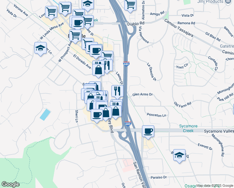 map of restaurants, bars, coffee shops, grocery stores, and more near 242 Ashley Circle in Danville