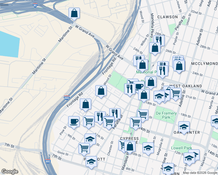 map of restaurants, bars, coffee shops, grocery stores, and more near 1726 17th Street in Oakland