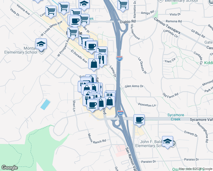 map of restaurants, bars, coffee shops, grocery stores, and more near 218 Ashley Circle in Danville