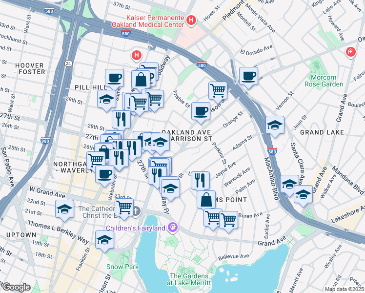 map of restaurants, bars, coffee shops, grocery stores, and more near Harrison St & Fairmount Ave in Oakland