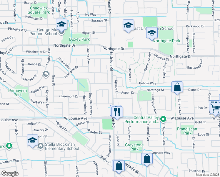 map of restaurants, bars, coffee shops, grocery stores, and more near 1272 Eastridge Place in Manteca