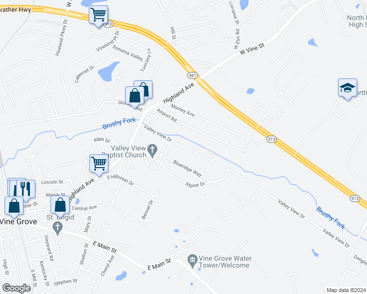 map of restaurants, bars, coffee shops, grocery stores, and more near 393 Valley View Drive in Vine Grove