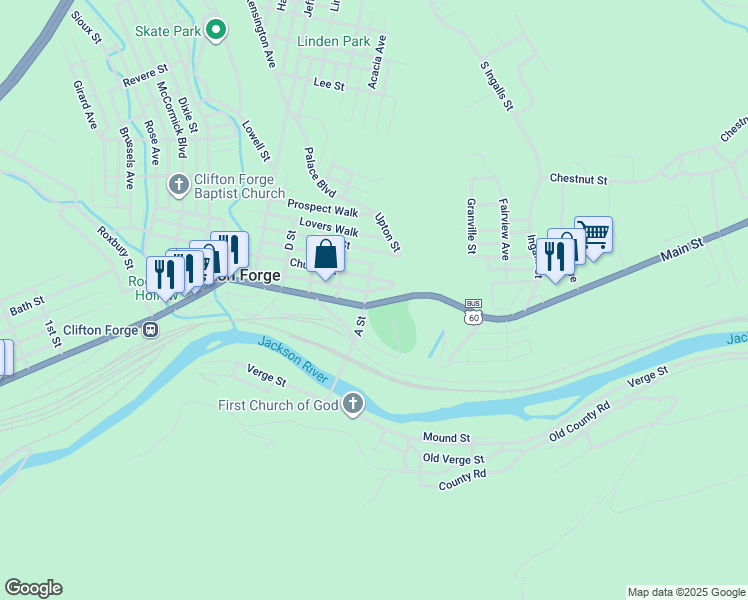 map of restaurants, bars, coffee shops, grocery stores, and more near 1006 Main Street in Clifton Forge