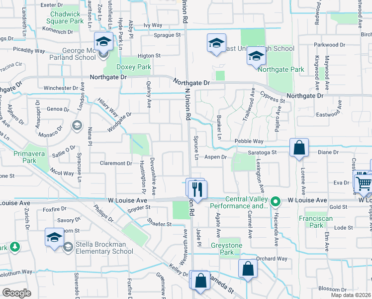 map of restaurants, bars, coffee shops, grocery stores, and more near 1272 Eastridge Place in Manteca