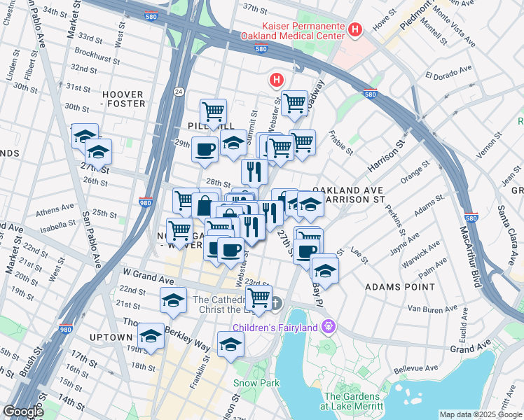 map of restaurants, bars, coffee shops, grocery stores, and more near 2650 Broadway in Oakland