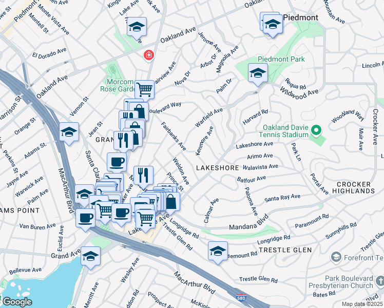 map of restaurants, bars, coffee shops, grocery stores, and more near 541 Rosal Avenue in Oakland