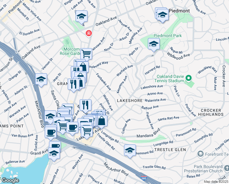 map of restaurants, bars, coffee shops, grocery stores, and more near 541 Rosal Avenue in Oakland
